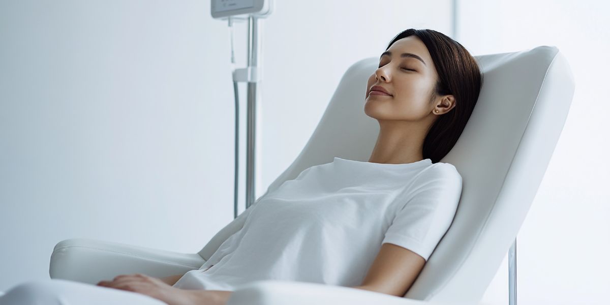 receiving IV therapy sitting in a clean clinic receiving IV therapy sitting in a clean clinic
